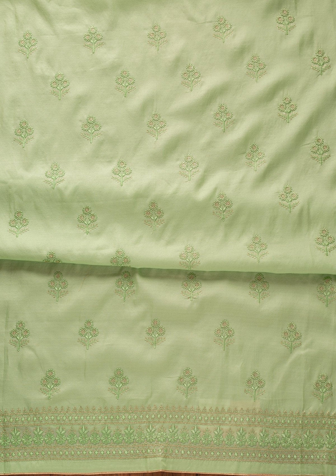 Pista Green Threadwork Semi Crepe Designer Unstitched Salwar Suit - koskii