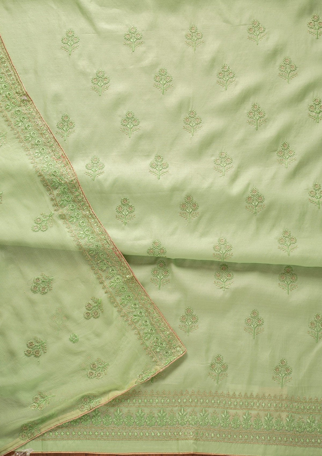 Pista Green Threadwork Semi Crepe Designer Unstitched Salwar Suit - koskii