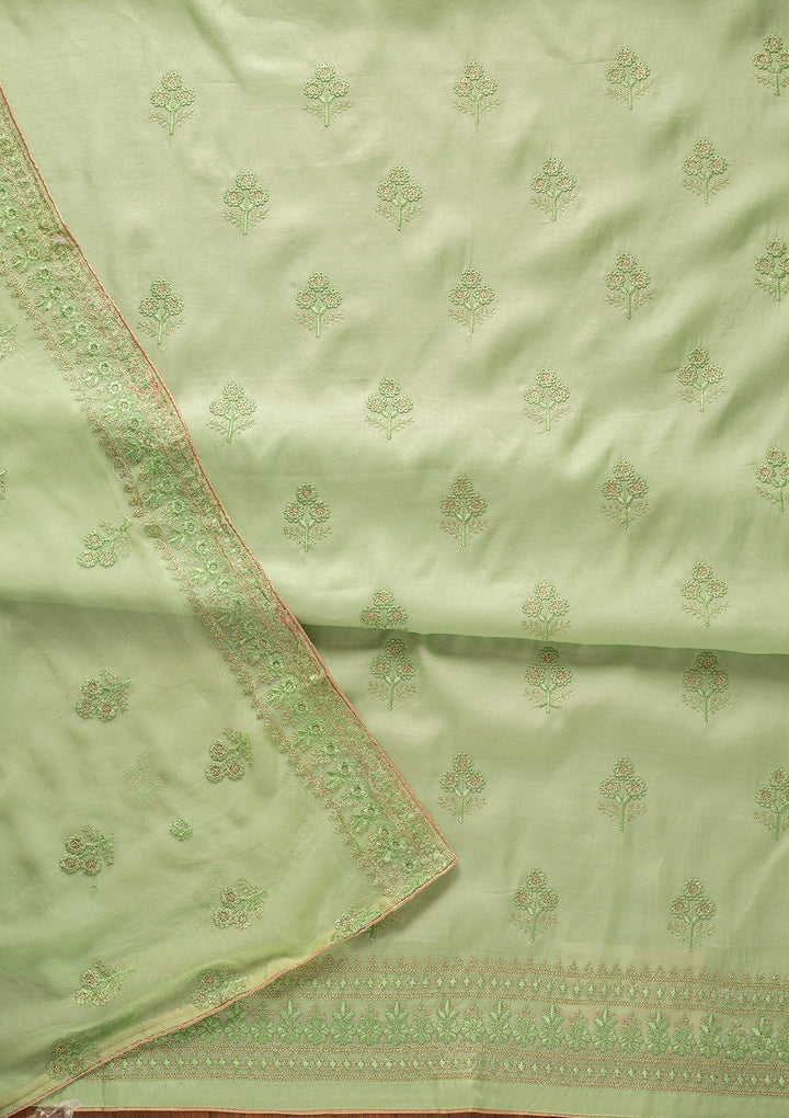 Pista Green Threadwork Semi Crepe Designer Unstitched Salwar Suit - koskii