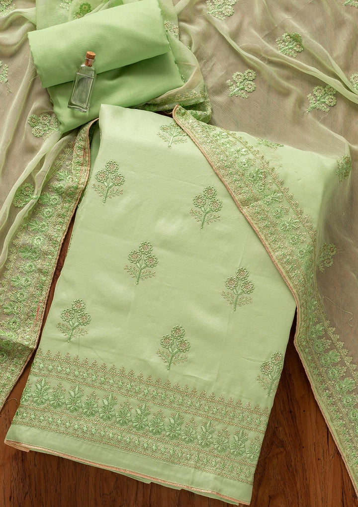 Pista Green Threadwork Semi Crepe Designer Unstitched Salwar Suit - koskii