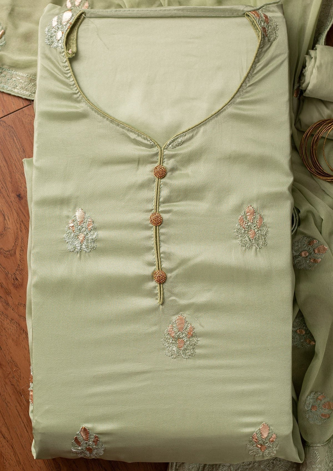 Pista Green Threadwork Semi Crepe Designer Unstitched Salwar Suit - koskii
