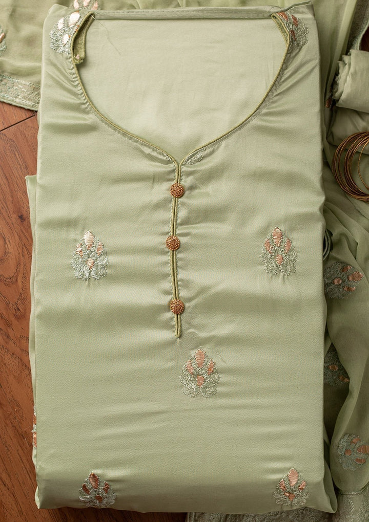 Pista Green Threadwork Semi Crepe Designer Unstitched Salwar Suit - koskii
