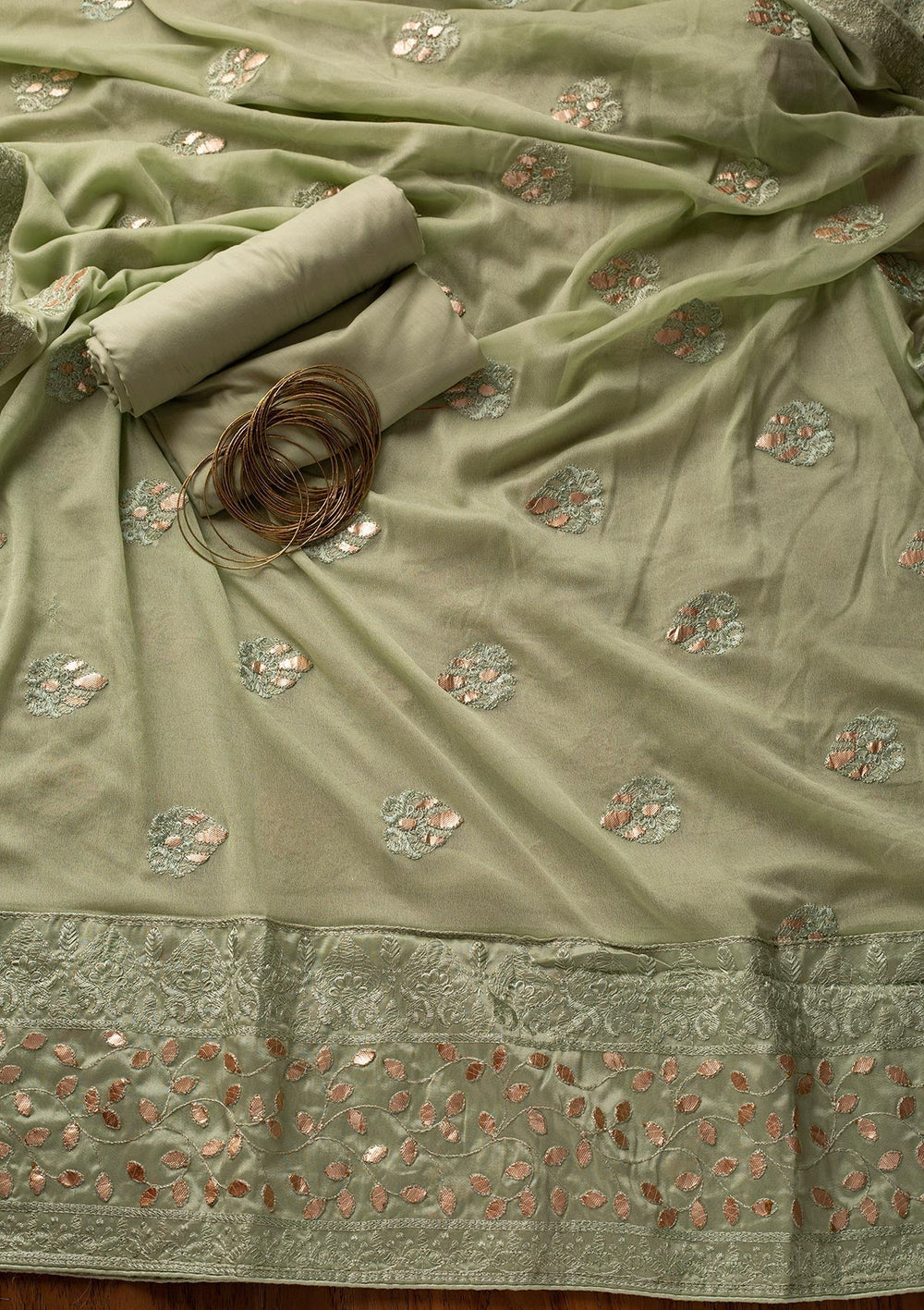 Pista Green Threadwork Semi Crepe Designer Unstitched Salwar Suit - koskii