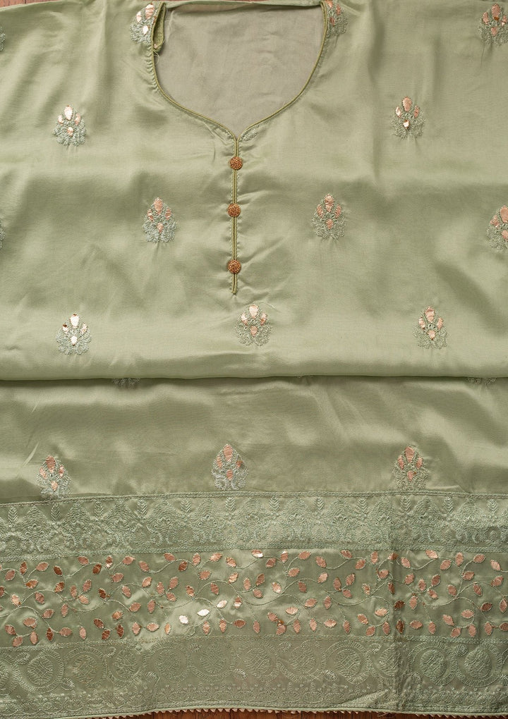 Pista Green Threadwork Semi Crepe Designer Unstitched Salwar Suit - koskii