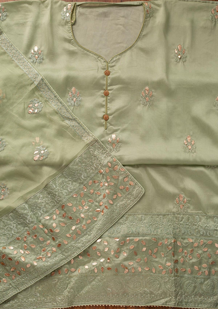 Pista Green Threadwork Semi Crepe Designer Unstitched Salwar Suit - koskii