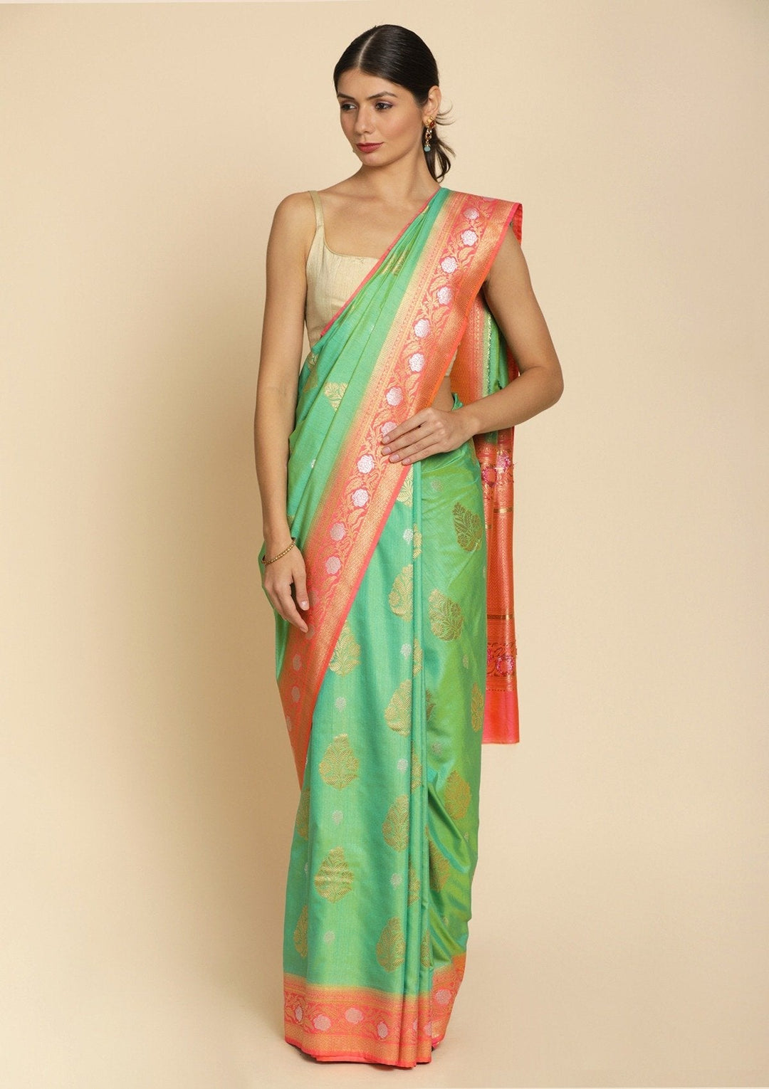 Pista Green Zariwork Raw Silk Designer Saree - koskii
