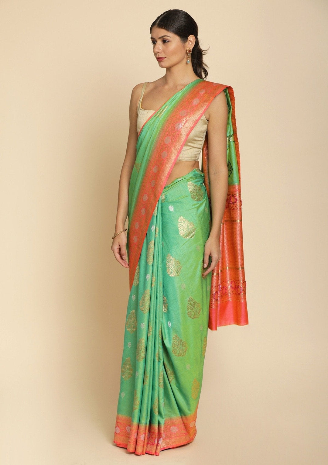 Pista Green Zariwork Raw Silk Designer Saree - koskii