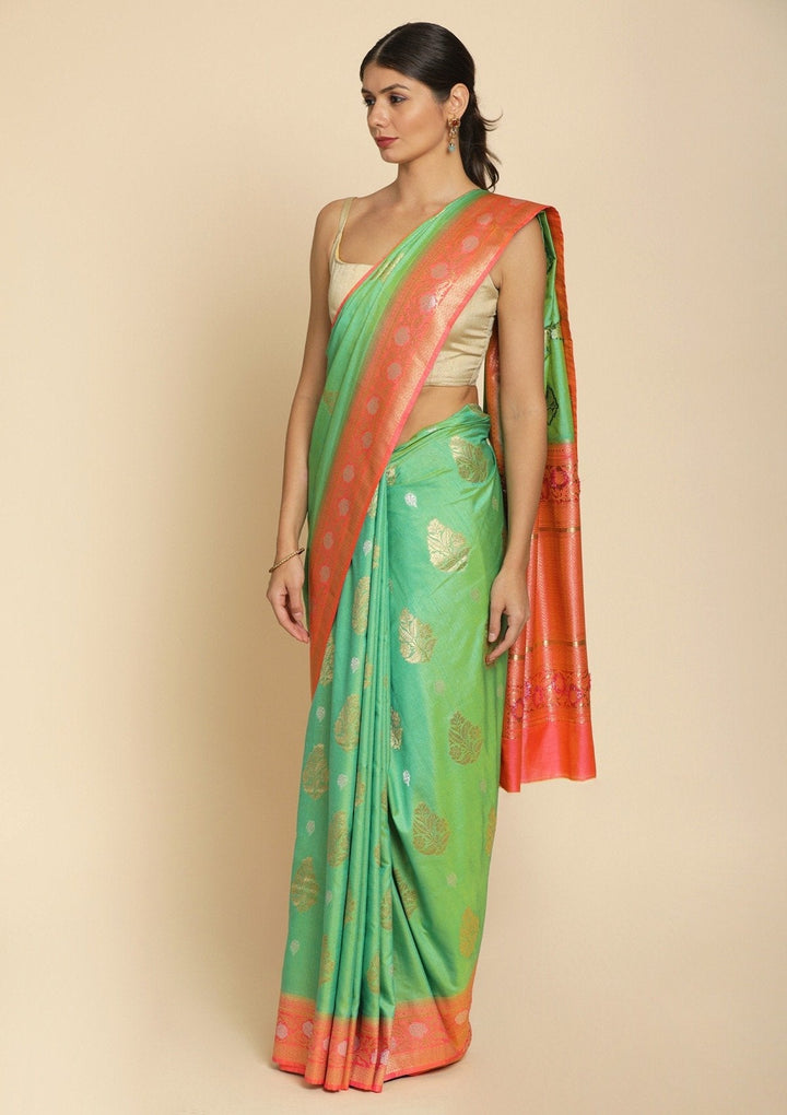 Pista Green Zariwork Raw Silk Designer Saree - koskii