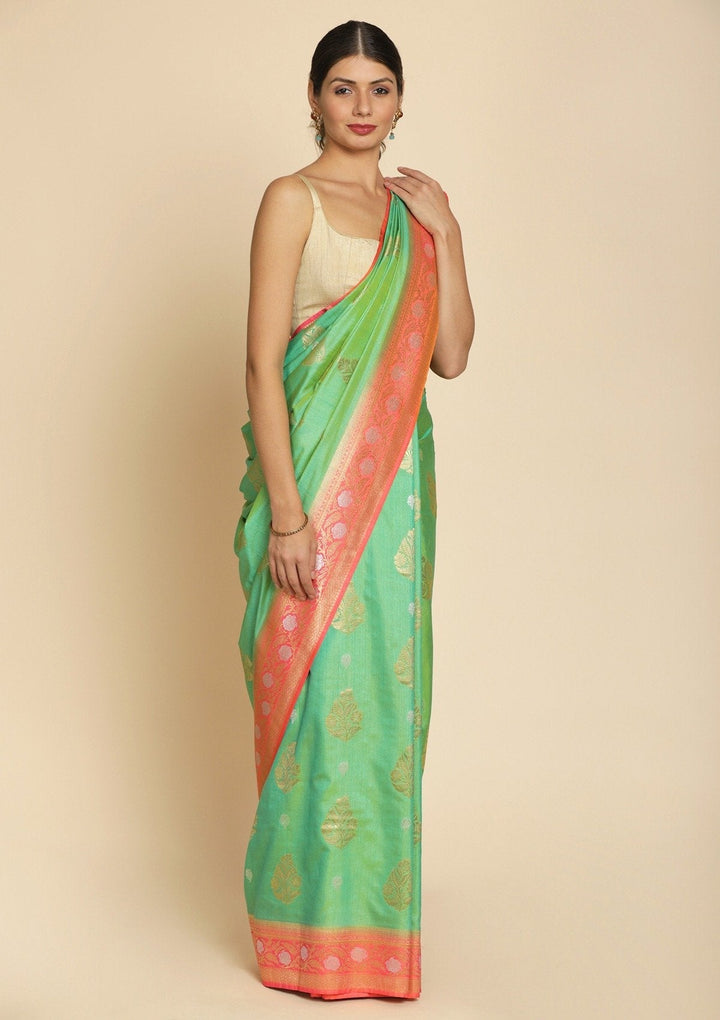 Pista Green Zariwork Raw Silk Designer Saree - koskii