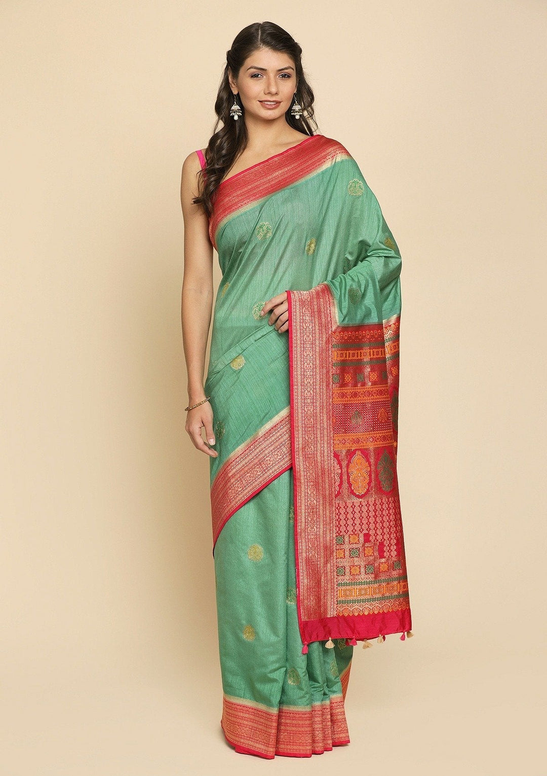 Pista Green Zariwork Raw Silk Designer Saree - koskii