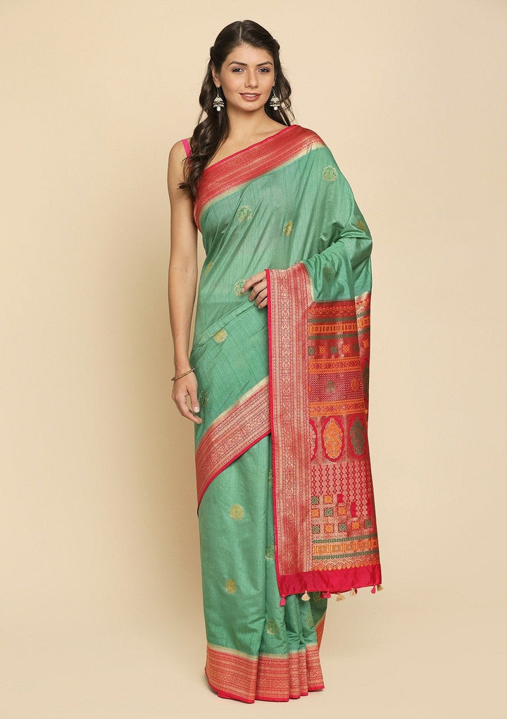 Pista Green Zariwork Raw Silk Designer Saree - koskii