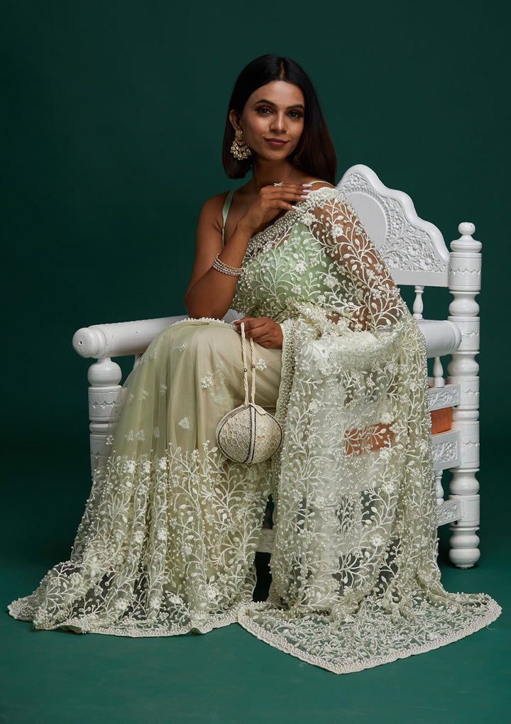 Pista Green Pearlwork  Net Designer Saree- Koskii
