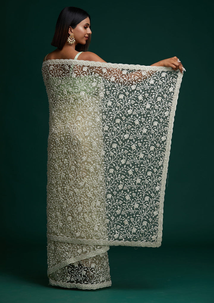 Pista Green Pearlwork  Net Designer Saree - Koskii