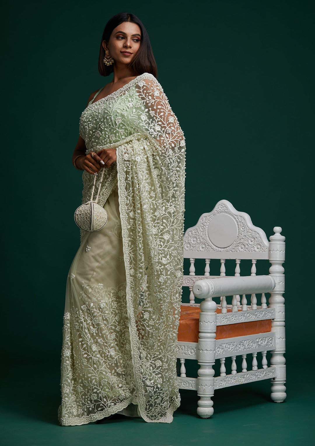 Pista Green Pearlwork  Net Designer Saree - Koskii