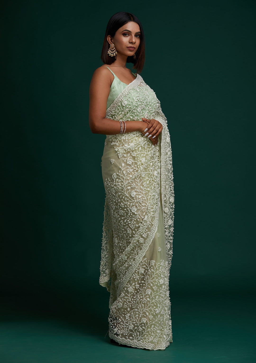Pista Green Pearlwork  Net Designer Saree - Koskii