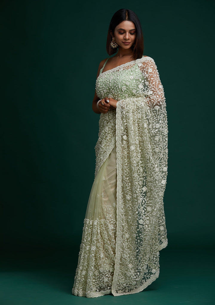 Pista Green Pearlwork  Net Designer Saree - Koskii