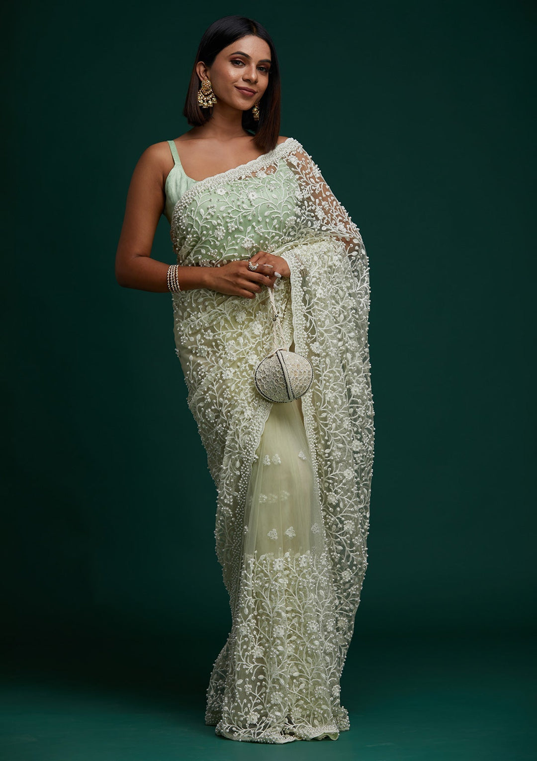 Pista Green Pearlwork  Net Designer Saree - Koskii
