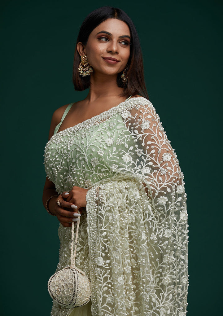 Pista Green Pearlwork  Net Designer Saree - Koskii