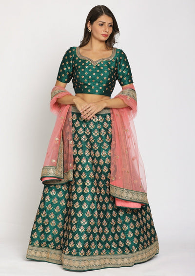 Rama Green Sequins Raw Silk Designer Semi-Stitched Lehenga - koskii