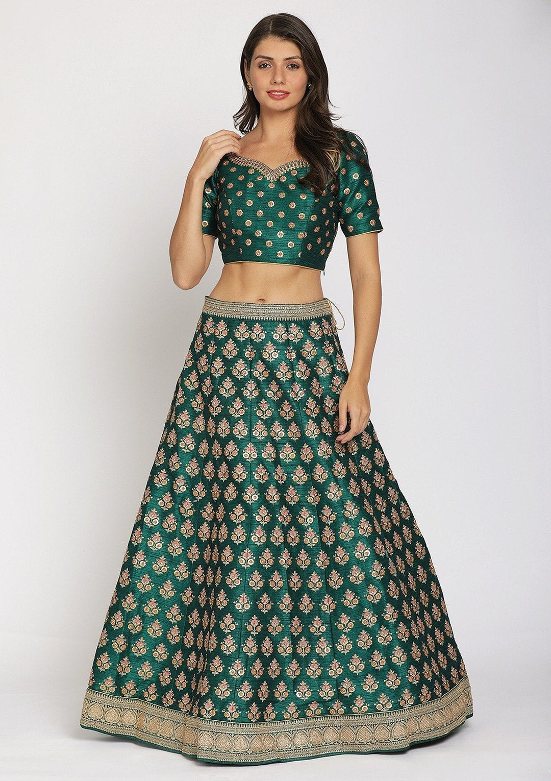 Rama Green Sequins Raw Silk Designer Semi-Stitched Lehenga - koskii