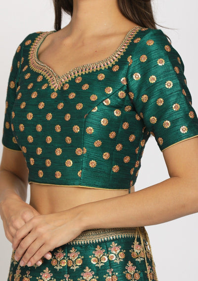 Rama Green Sequins Raw Silk Designer Semi-Stitched Lehenga - koskii