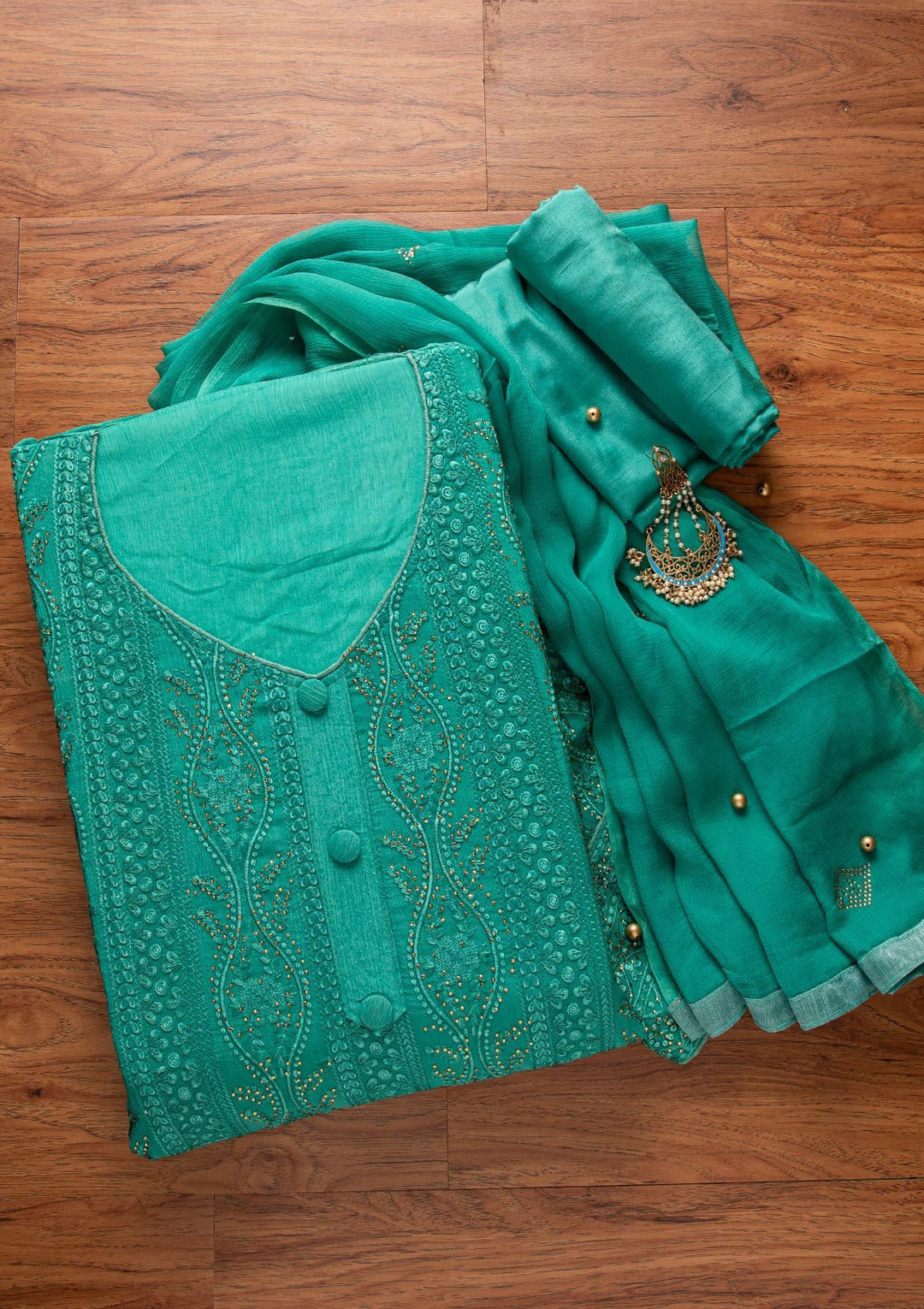 Rama Green Stonework Semi Crepe Designer Unstitched Salwar Suit - koskii