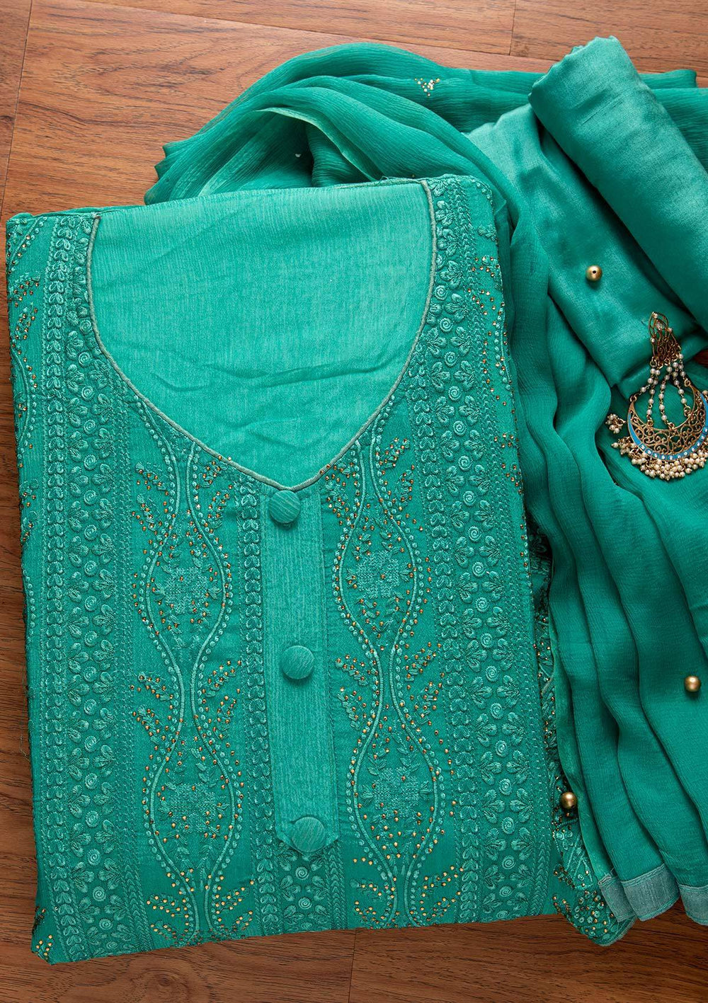 Rama Green Stonework Semi Crepe Designer Unstitched Salwar Suit - koskii