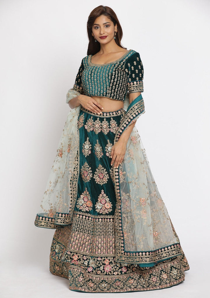 Rama Green Stonework Velvet Designer Semi-Stitched Lehenga - koskii