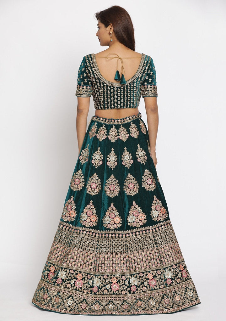 Rama Green Stonework Velvet Designer Semi-Stitched Lehenga - koskii