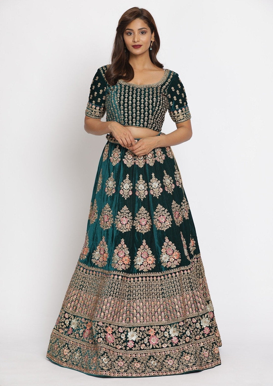 Rama Green Stonework Velvet Designer Semi-Stitched Lehenga - koskii