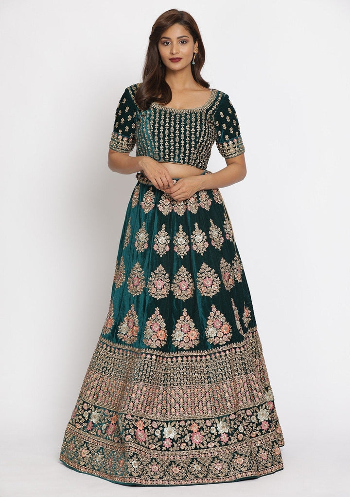 Rama Green Stonework Velvet Designer Semi-Stitched Lehenga - koskii