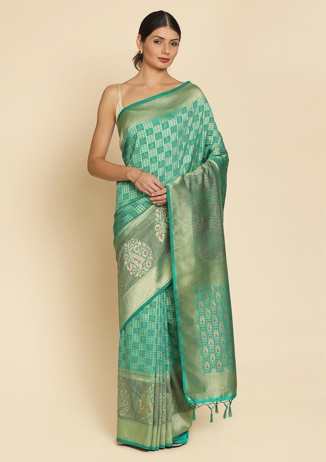 Rama Green Zariwork Raw Silk Designer Saree - koskii