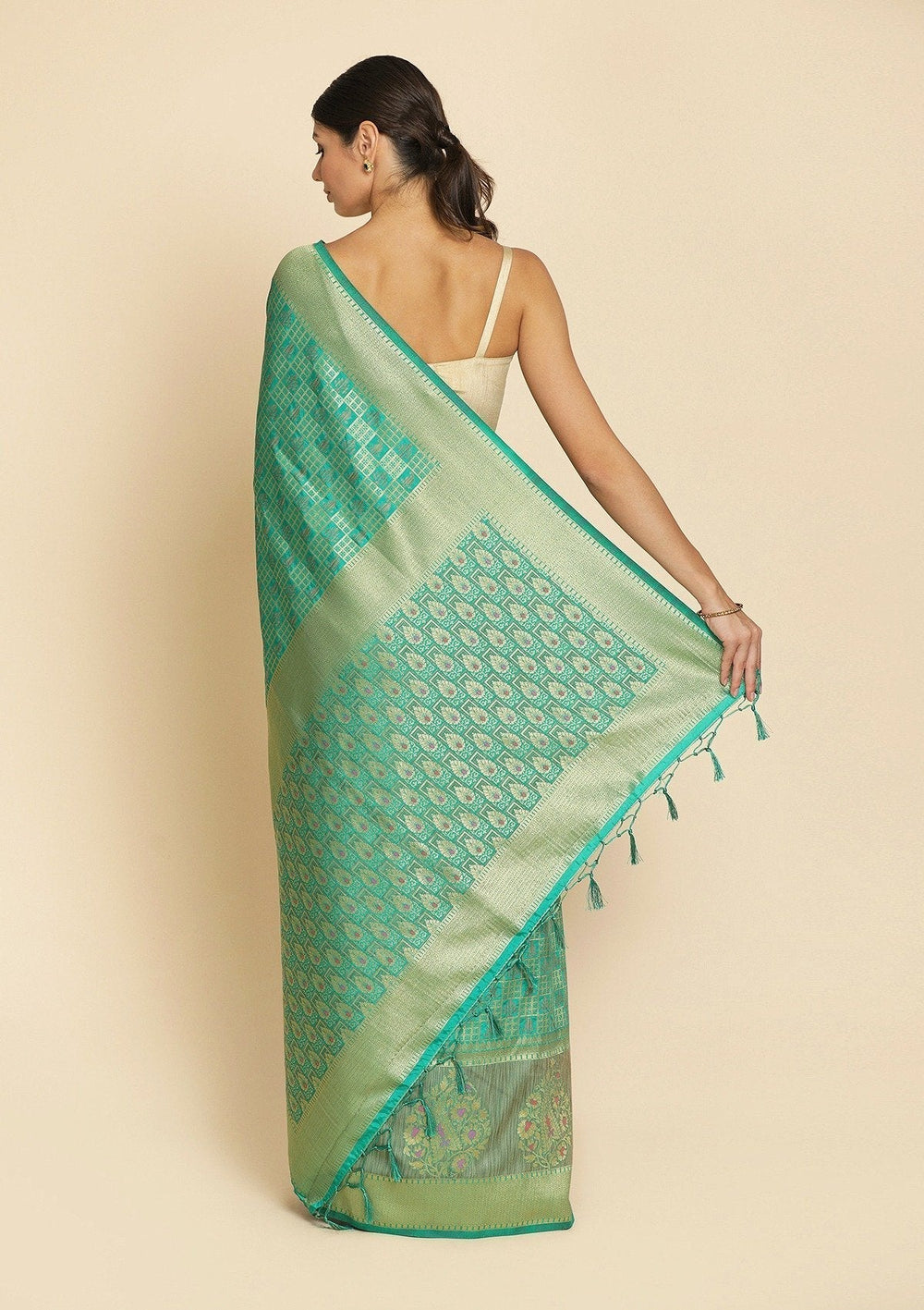 Rama Green Zariwork Raw Silk Designer Saree - koskii
