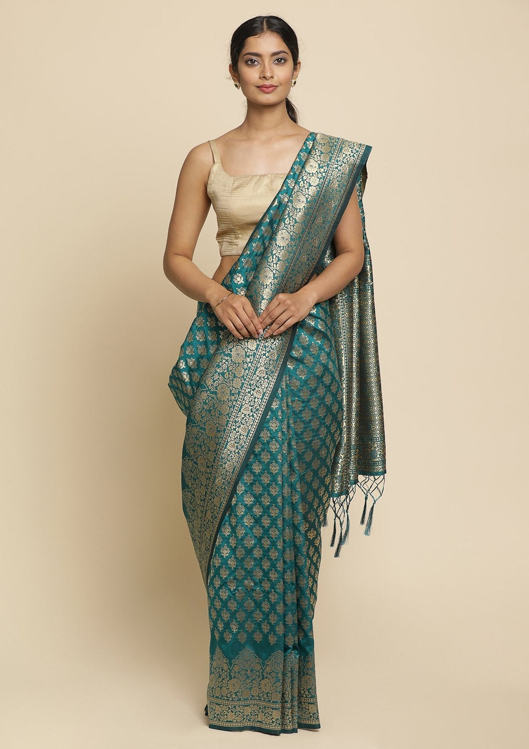 Rama Green Swarovski  Brocade Designer Saree - koskii