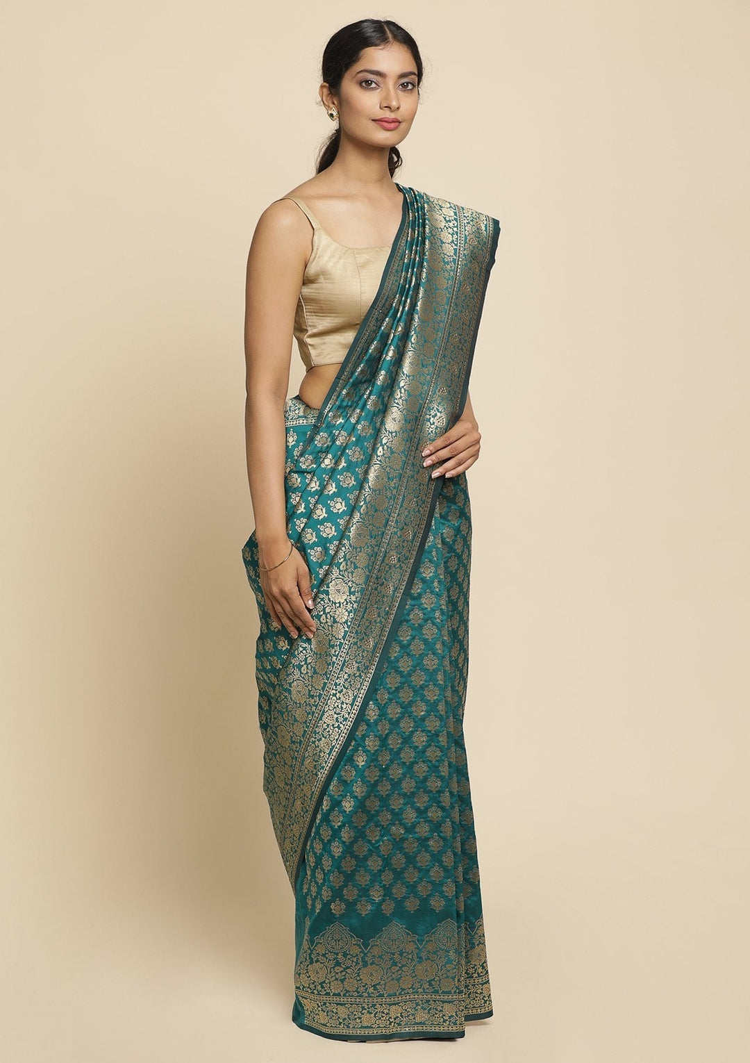Rama Green Swarovski  Brocade Designer Saree - koskii