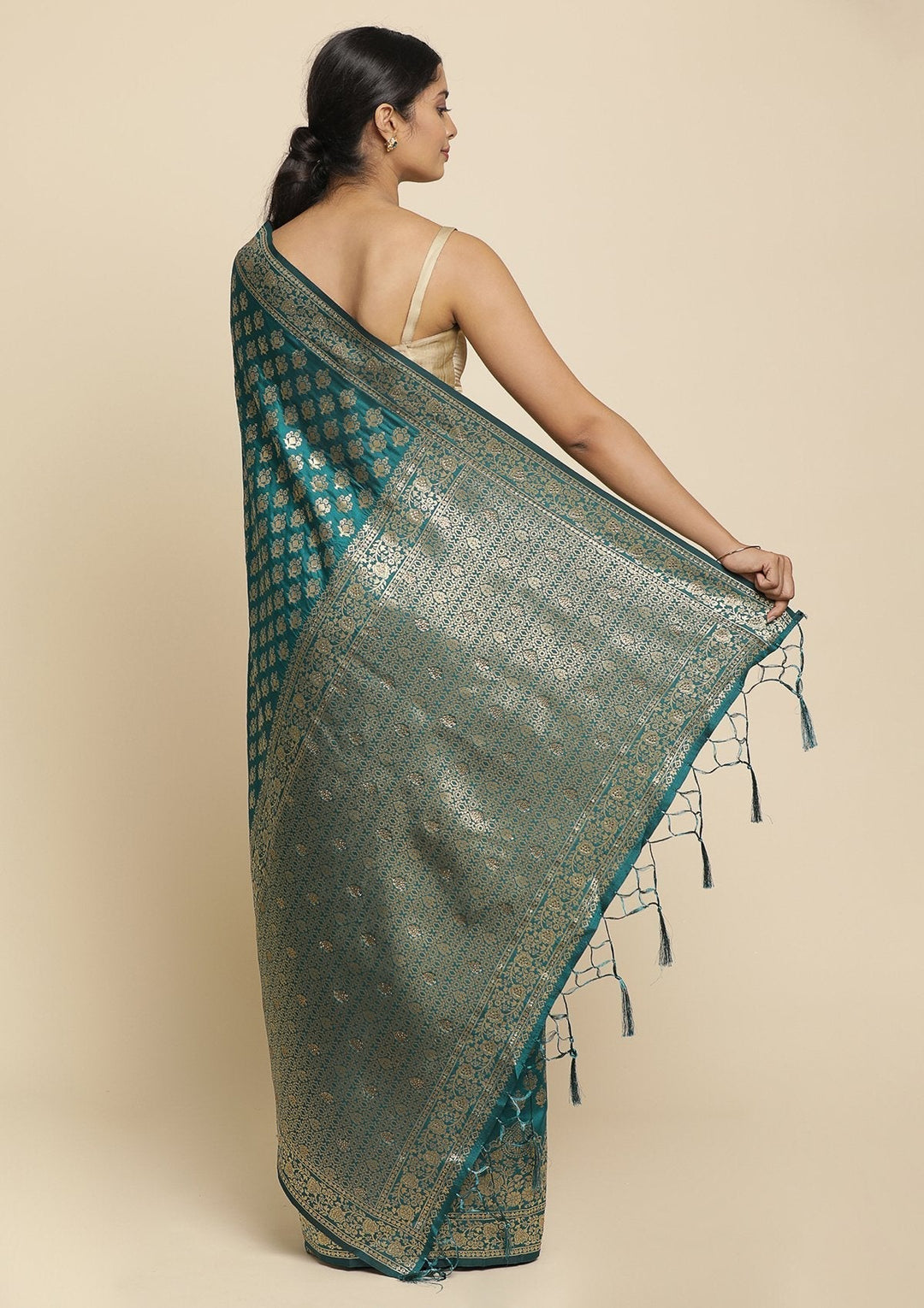 Rama Green Swarovski  Brocade Designer Saree - koskii