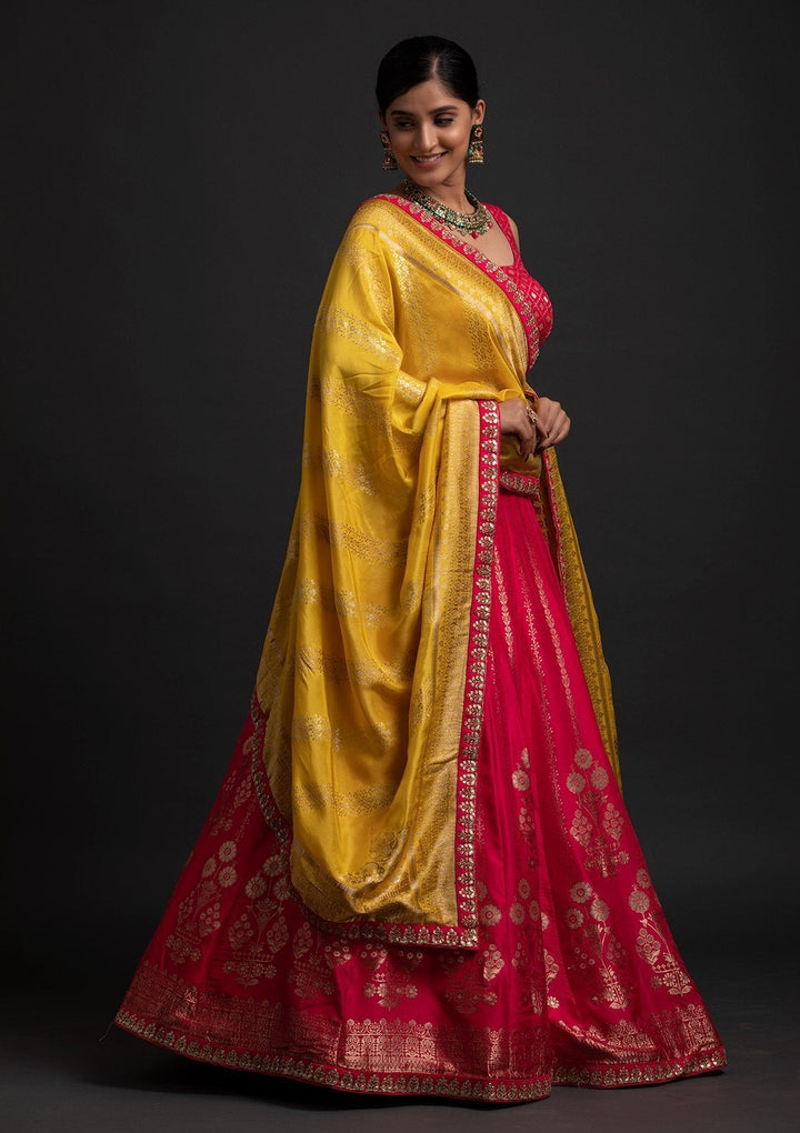 Rani Pink Gotapatti Banarasi Designer Semi-Stitched Lehenga - koskii