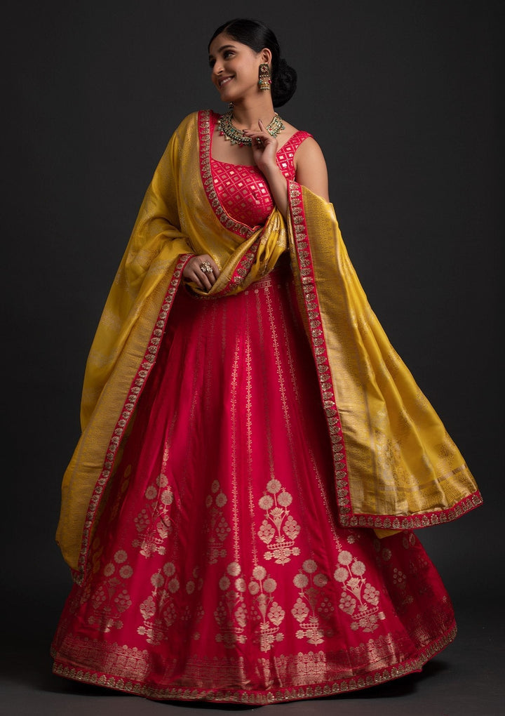 Rani Pink Gotapatti Banarasi Designer Semi-Stitched Lehenga - koskii