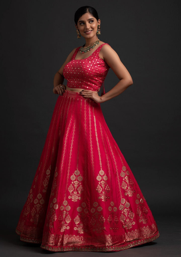 Rani Pink Gotapatti Banarasi Designer Semi-Stitched Lehenga - koskii