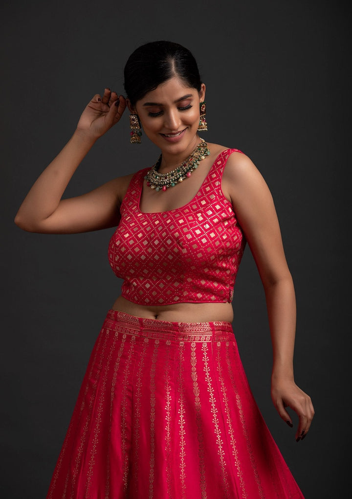 Rani Pink Gotapatti Banarasi Designer Semi-Stitched Lehenga - koskii
