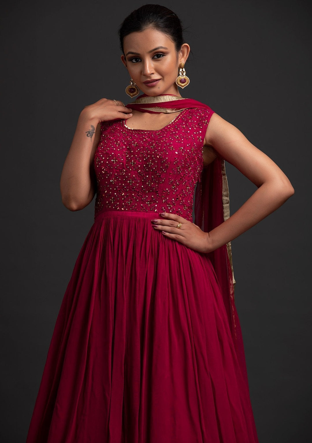 Rani Pink Mirrorwork Georgette Designer Gown - koskii