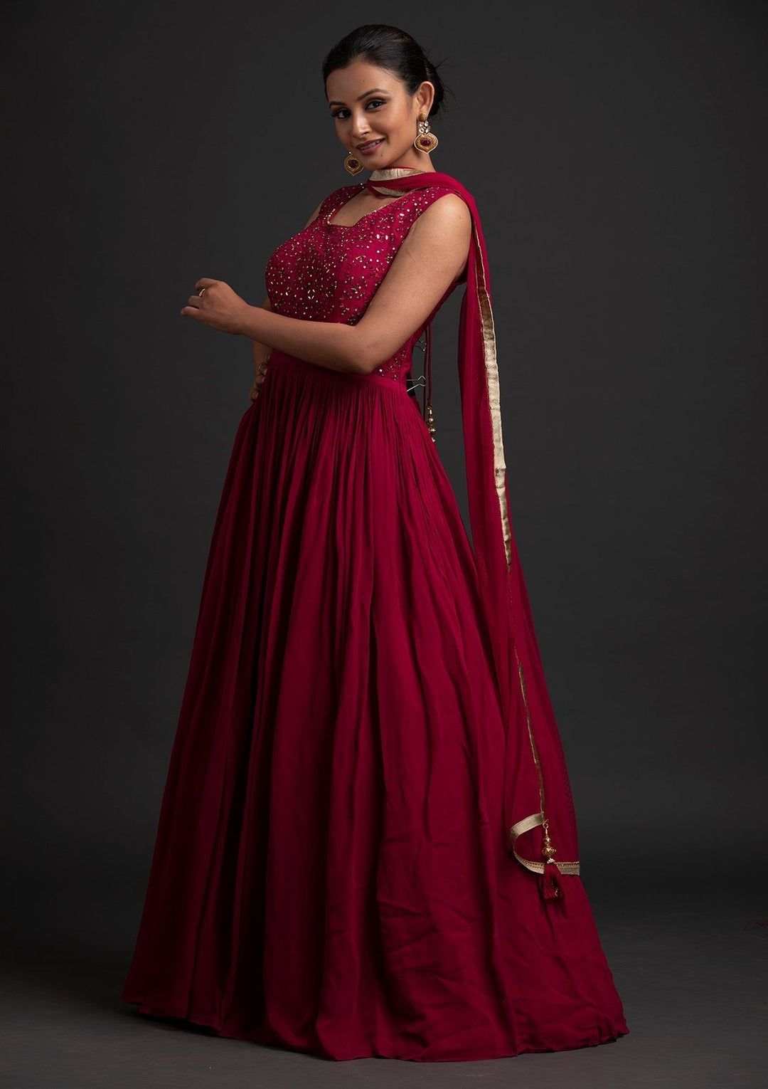 Rani Pink Mirrorwork Georgette Designer Gown - koskii