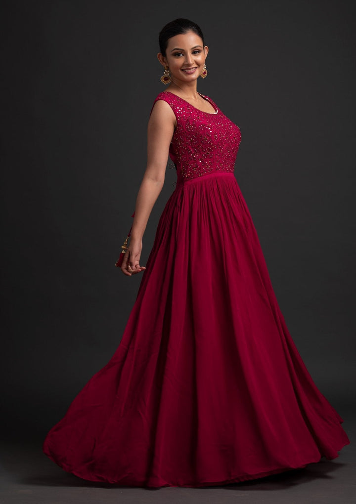 Rani Pink Mirrorwork Georgette Designer Gown - koskii