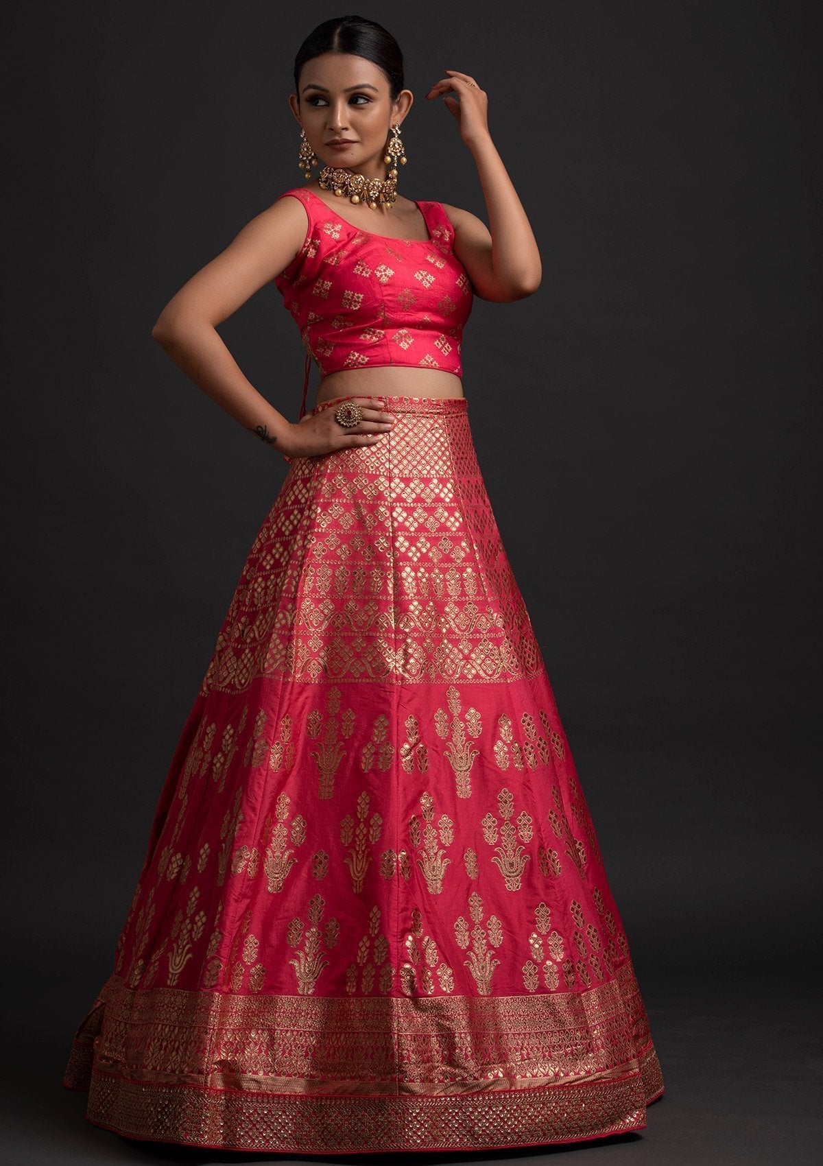 Rani Pink Sequins Banarasi Designer Semi-Stitched Lehenga - koskii