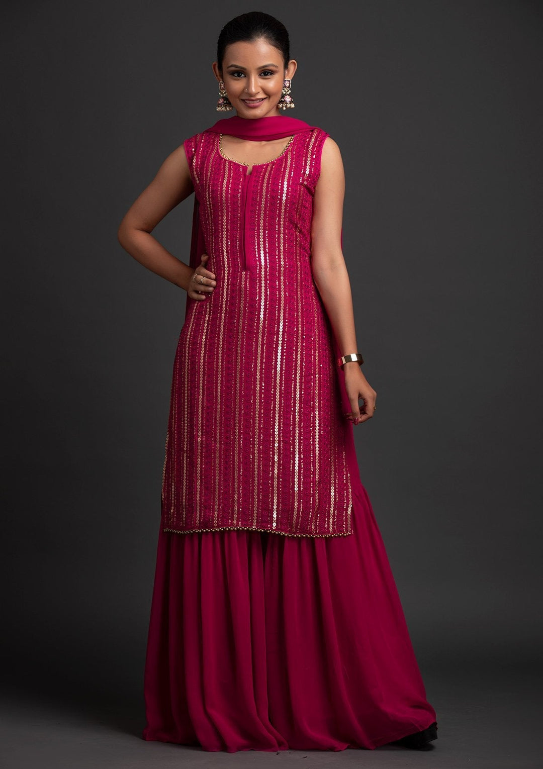 Rani Pink Sequins Semi Crepe Designer Salwar Suit - koskii