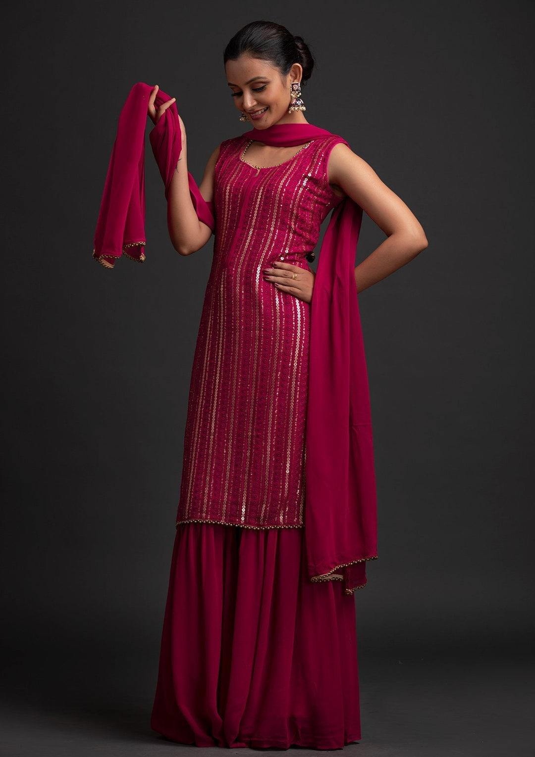 Rani Pink Sequins Semi Crepe Designer Salwar Suit - koskii