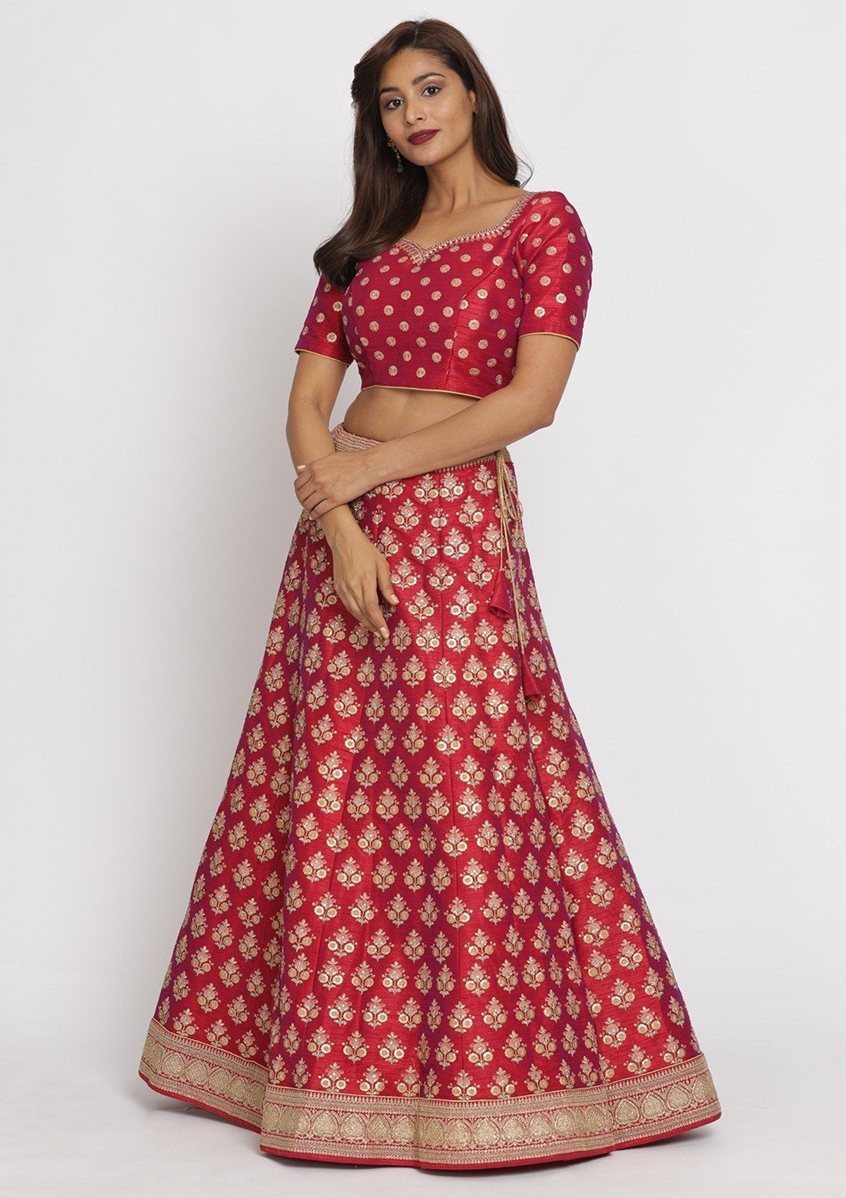 Rani Pink Sequins Raw Silk Designer Semi-Stitched Lehenga - koskii
