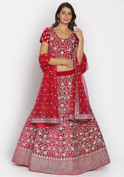 Rani Pink Silver Stonework Velvet Designer Semi-Stitched Lehenga - koskii