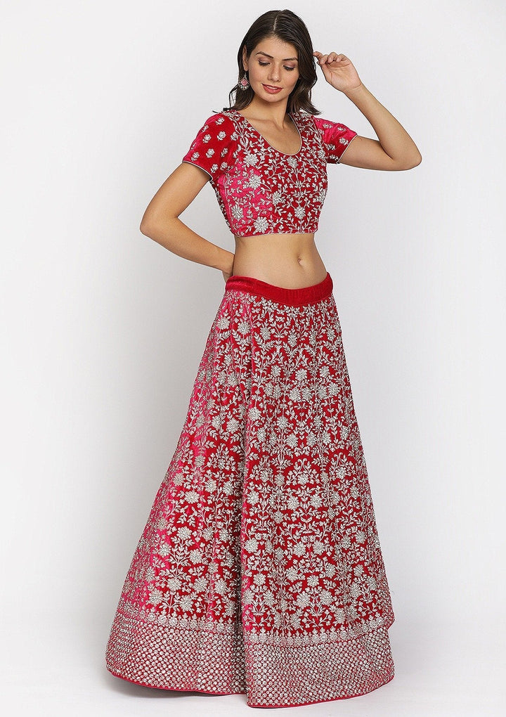 Rani Pink Silver Stonework Velvet Designer Semi-Stitched Lehenga - koskii