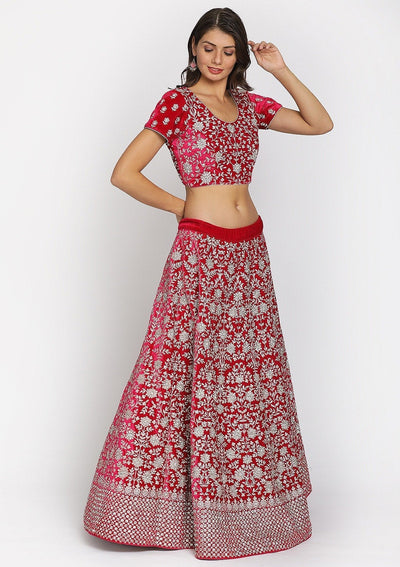 Rani Pink Silver Stonework Velvet Designer Semi-Stitched Lehenga - koskii